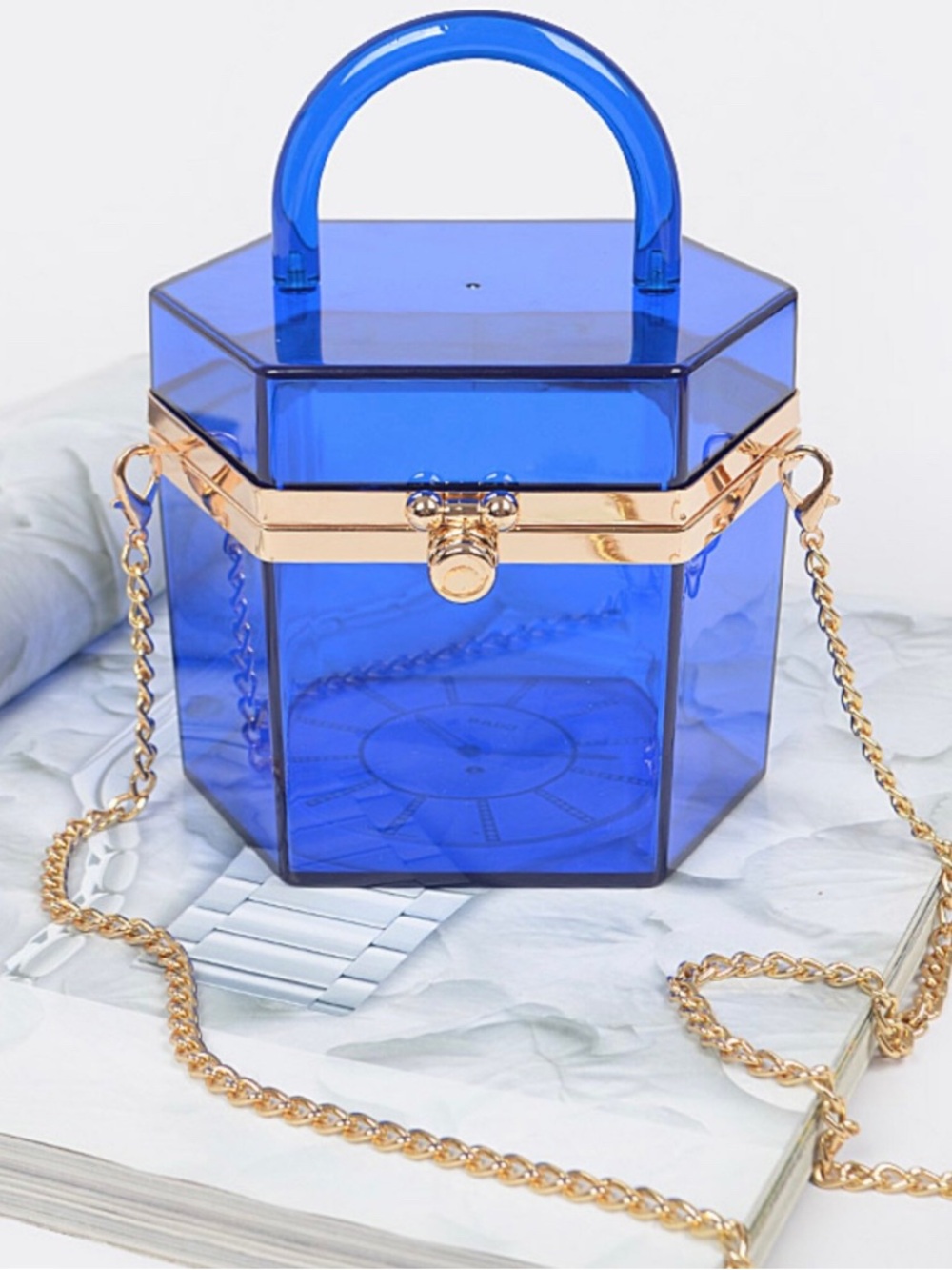 NWT Blue Caleesa Hexagon Acrylic Plastic Clutch Purse, Gold Tone Clasp & Strap